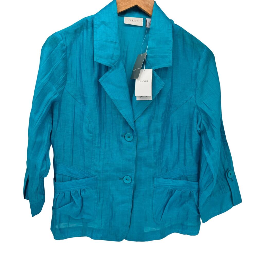 Chico's Blazer Womens Medium Maui Blue Linen Blend Semi Sheer 3/4 Sleeve NEW